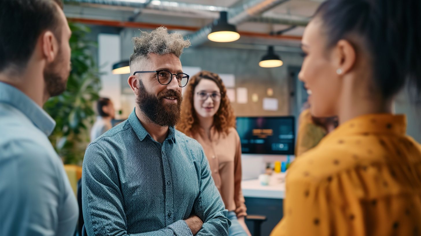 A group of professionals discussing digital marketing strategies in an office. A group of professionals discussing digital marketing strategies in an office.