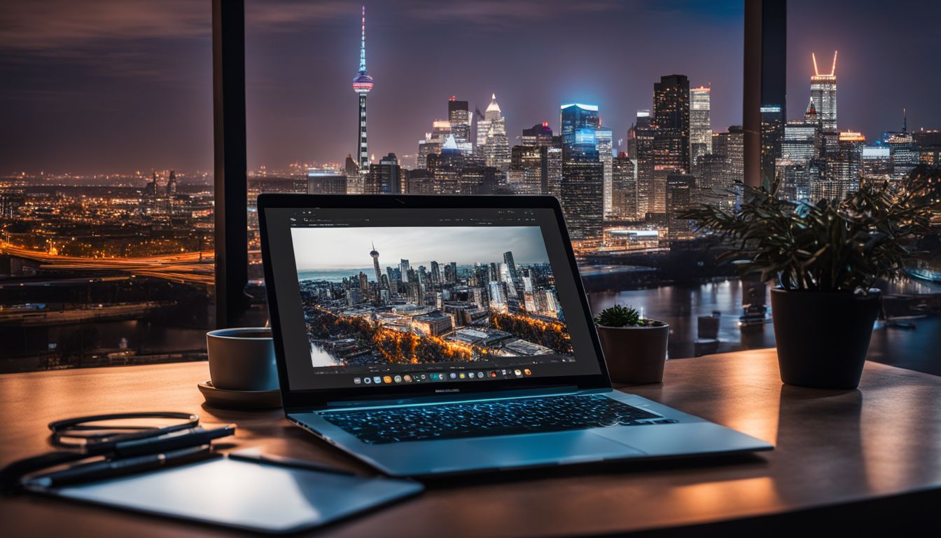 A laptop surrounded by digital marketing tools with a city skyline. A laptop surrounded by digital marketing tools with a city skyline.