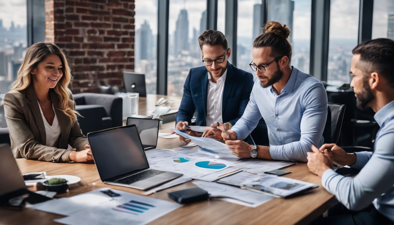 A diverse group of business professionals brainstorm marketing strategies in a modern office. A diverse group of business professionals brainstorm marketing strategies in a modern office.