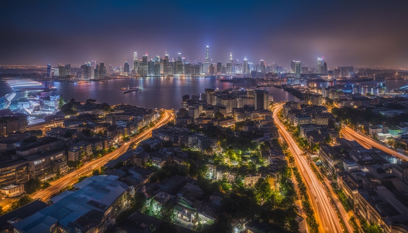 A diverse city skyline with bustling atmosphere and various individuals.