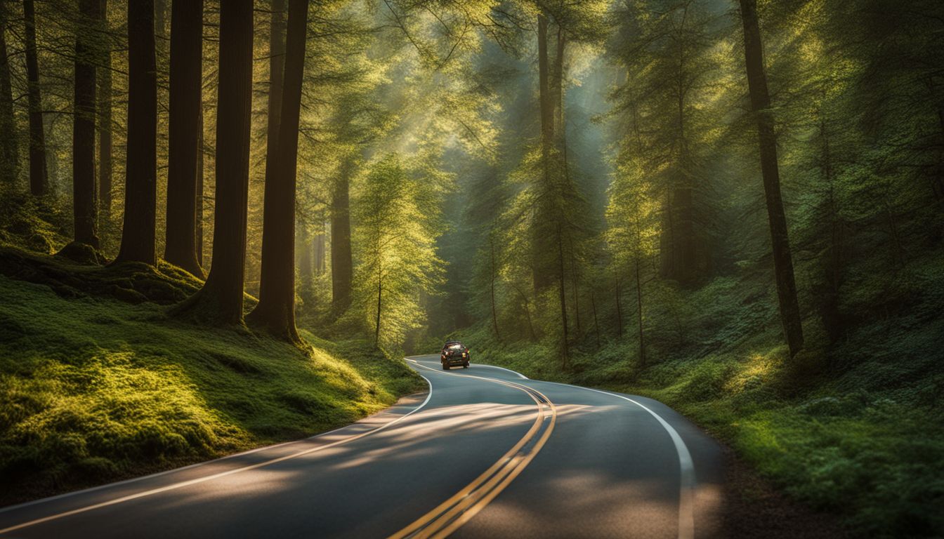 A winding road through a lush forest with diverse people. A winding road through a lush forest with diverse people.