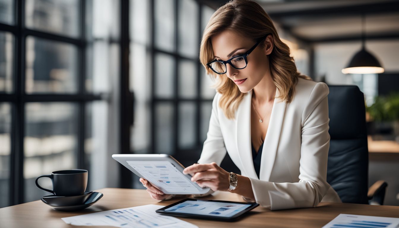 A businesswoman analyzing data on a digital tablet in an office.