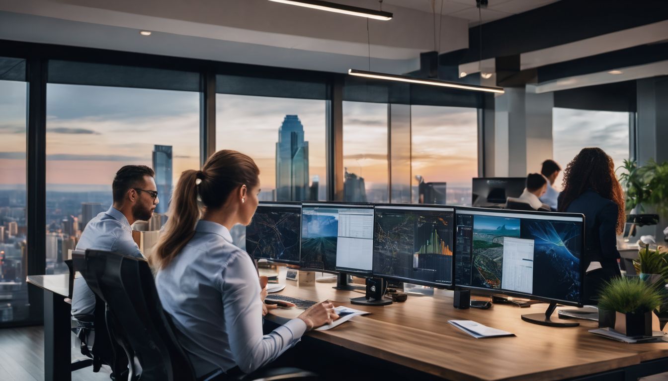 A professional team analyzing data in a modern office.