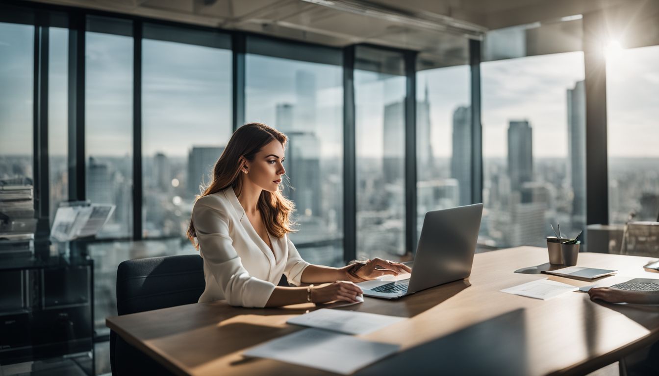 A businesswoman analyzing sustainability metrics in a modern office setting.