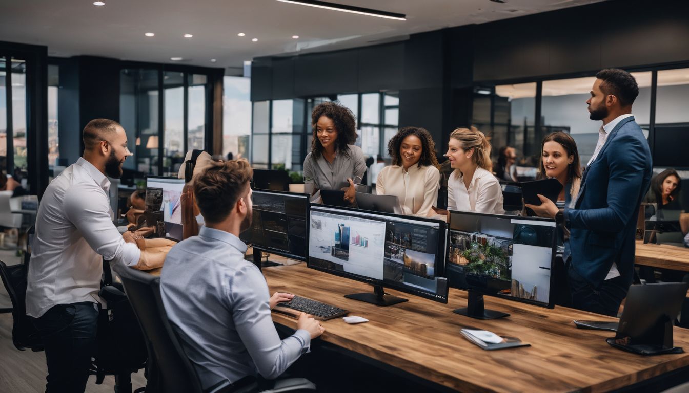 A diverse team collaborating in a modern office during a brainstorming.