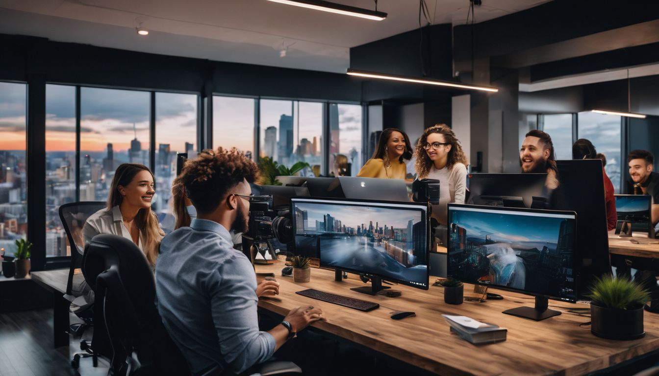 A diverse team of content creators collaborating in a modern office.