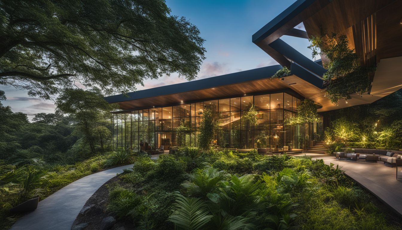 An innovative, sustainable building surrounded by lush greenery, with diverse people.