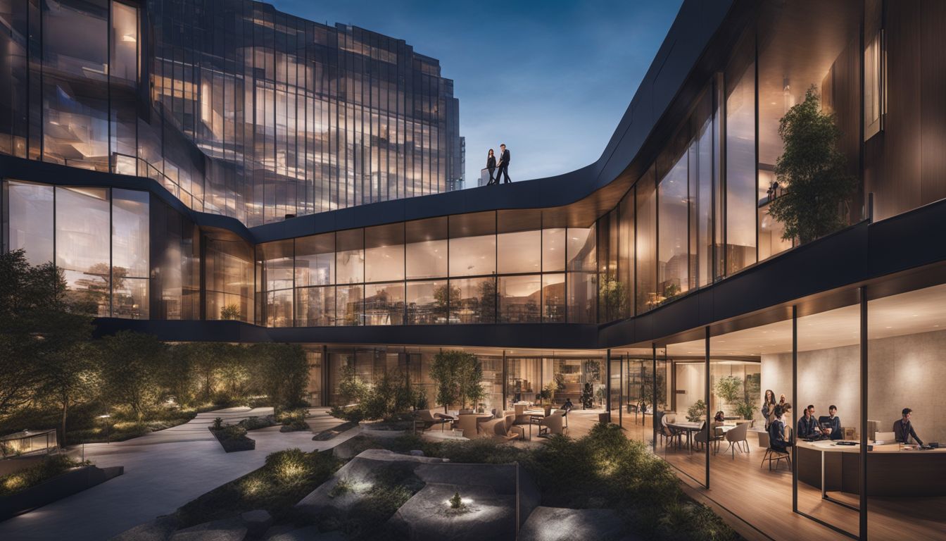 An architect presenting a modern building design in an urban setting.