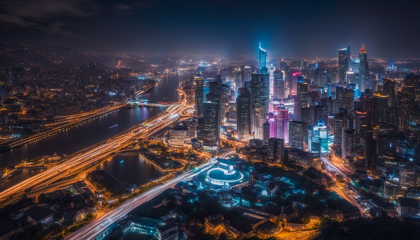 A futuristic city skyline with digital billboards at night. A futuristic city skyline with digital billboards at night.