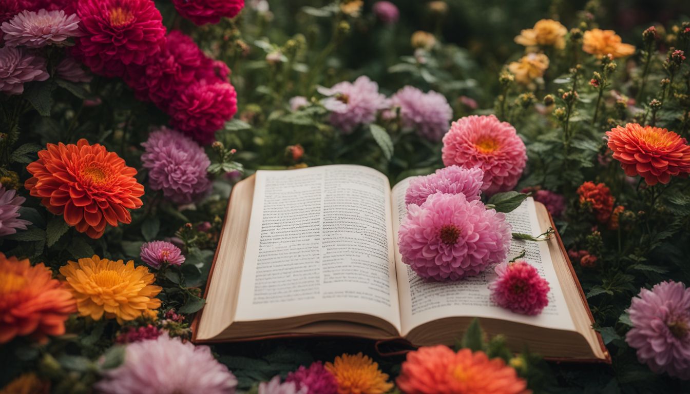 A photo of an open book surrounded by vibrant flowers in a peaceful garden. A photo of an open book surrounded by vibrant flowers in a peaceful garden.