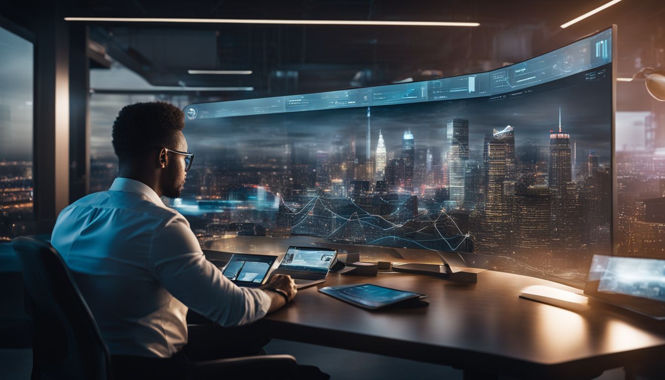 A business executive uses a digital dashboard to analyze data.