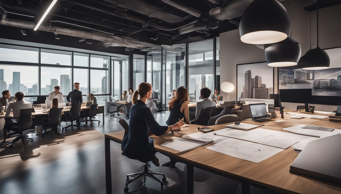 An architect presenting building designs in a modern office.