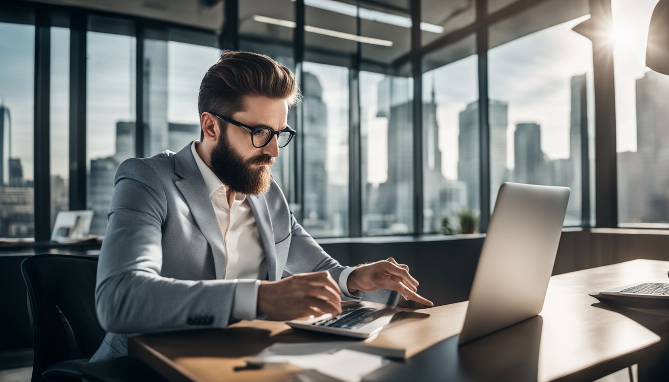 A business executive analyzing financial data on a laptop in a modern office.