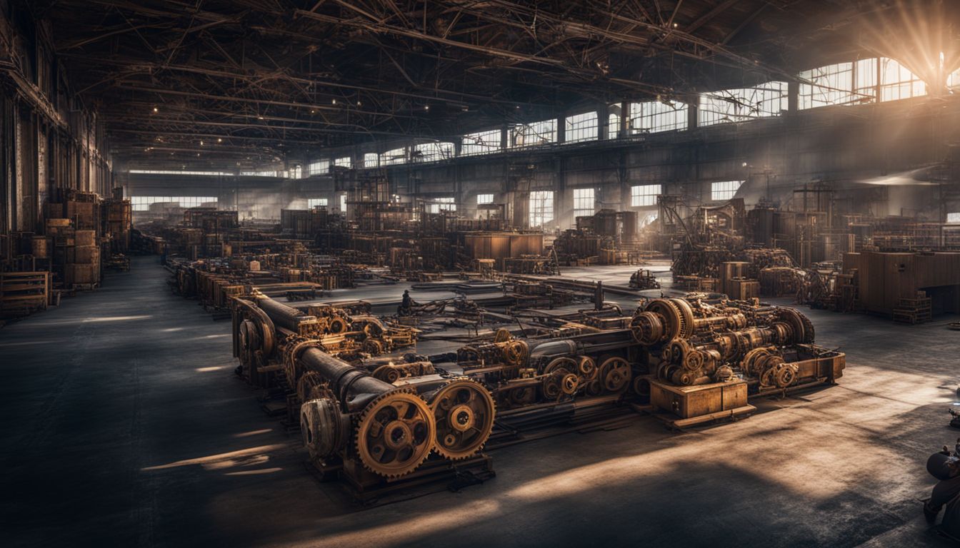 A network of interconnected gears and cogs in a modern warehouse.