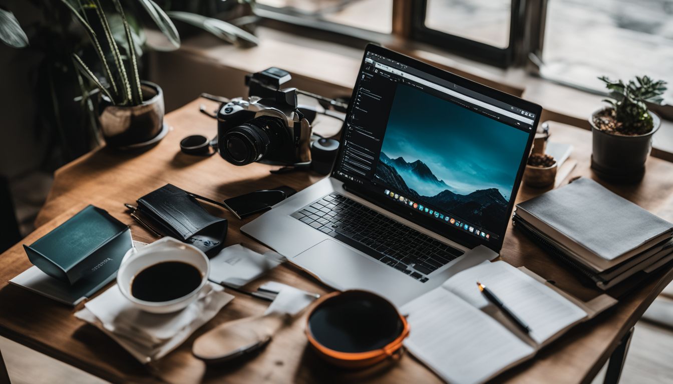 A laptop and photography books with a magnifying glass on a desk.