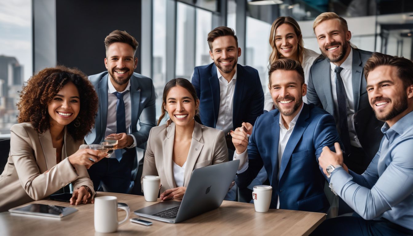 A group of business professionals celebrating a successful marketing campaign. A group of business professionals celebrating a successful marketing campaign.