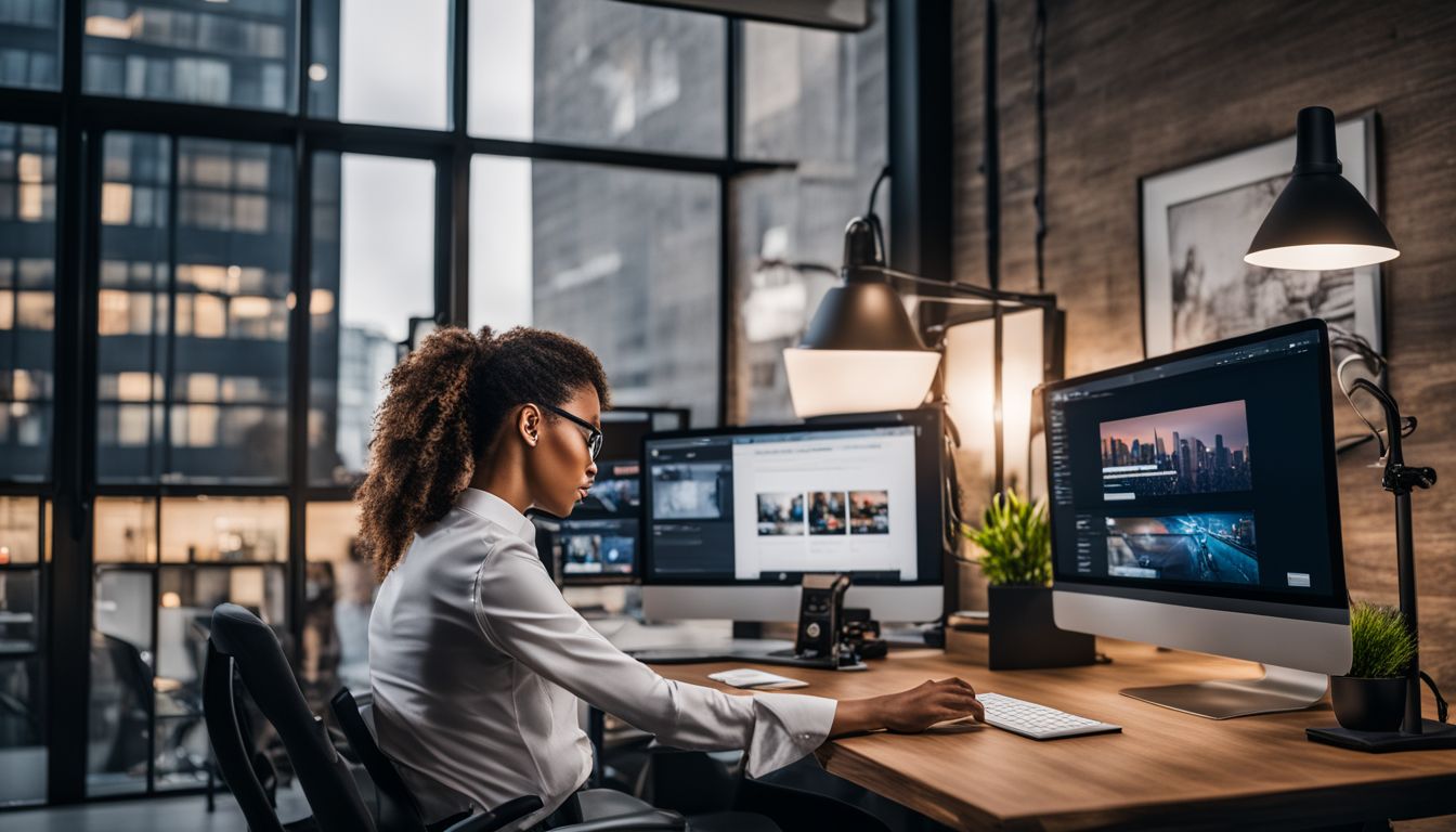 A business professional reviewing content marketing agency websites at a sleek desk.