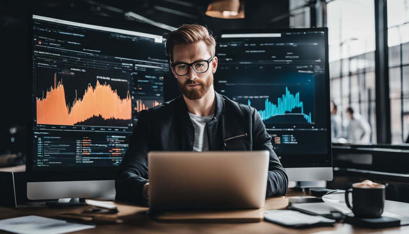 A web developer analyzing website data surrounded by charts and graphs.