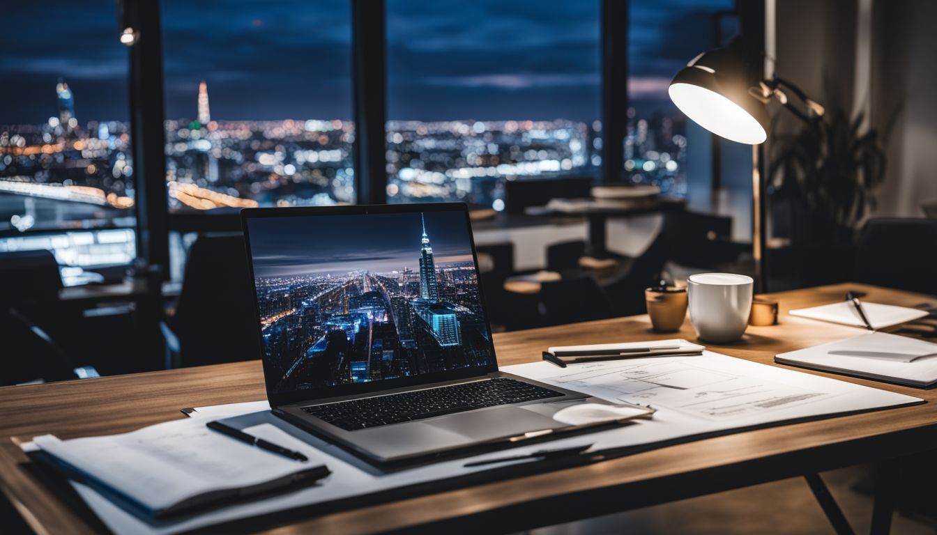 An architect's blueprint and laptop on a sleek modern office desk.