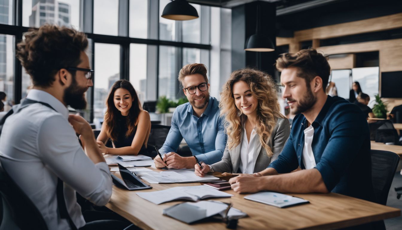 Diverse team brainstorming in modern office with cityscape backdrop.