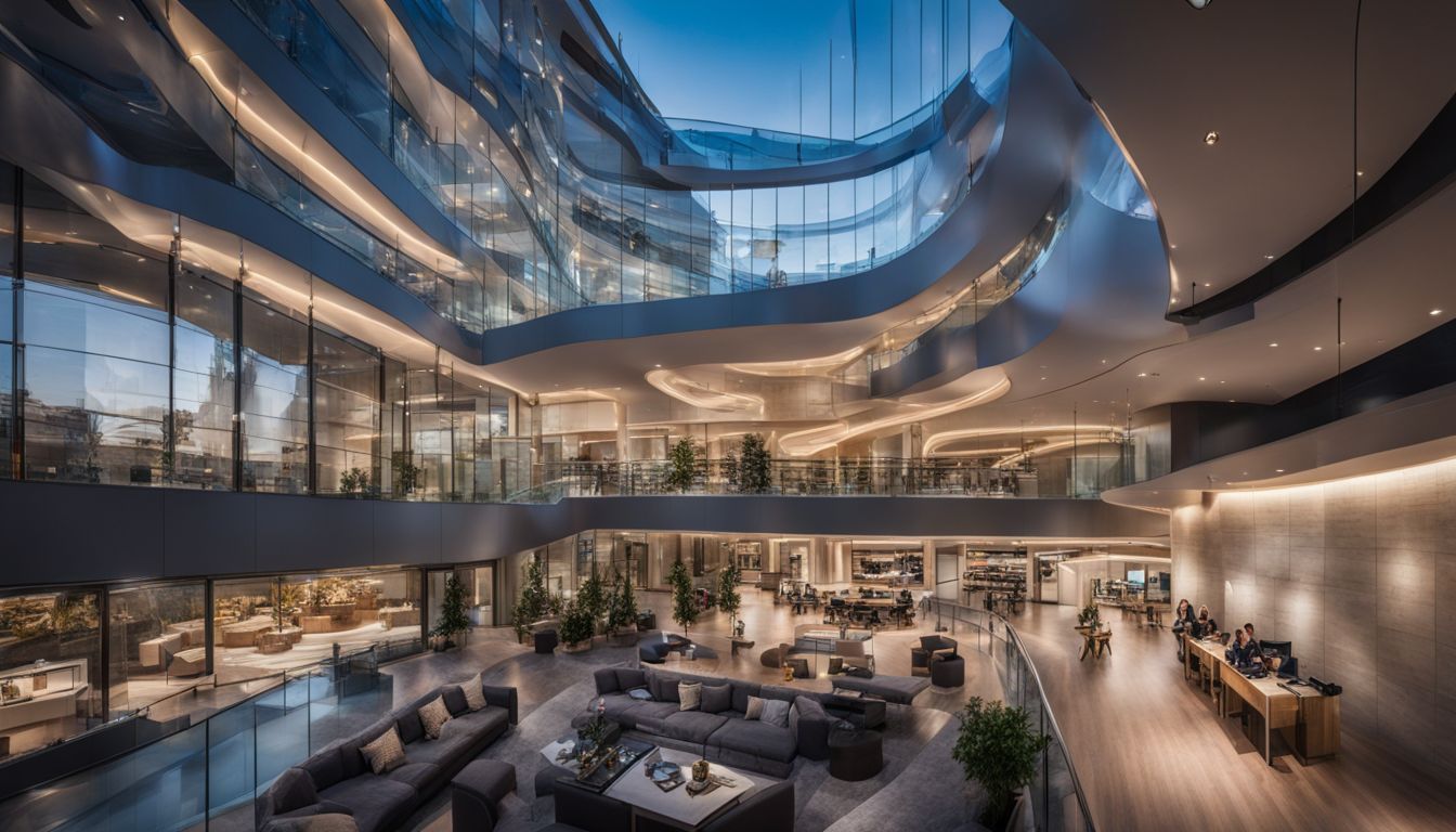 A photo of a modern architectural interior with diverse people.