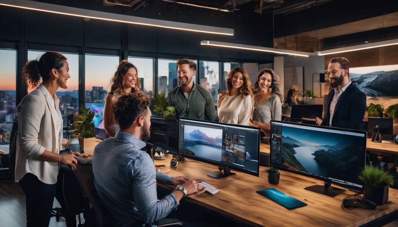 A diverse team of creative professionals collaborating in a vibrant office setting.
