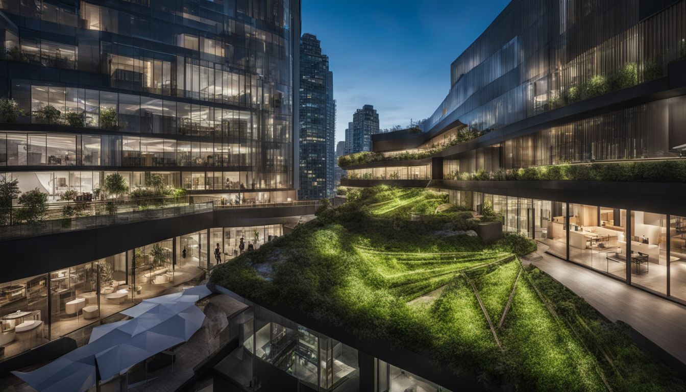 An architect presenting green design innovation in a bustling urban setting.