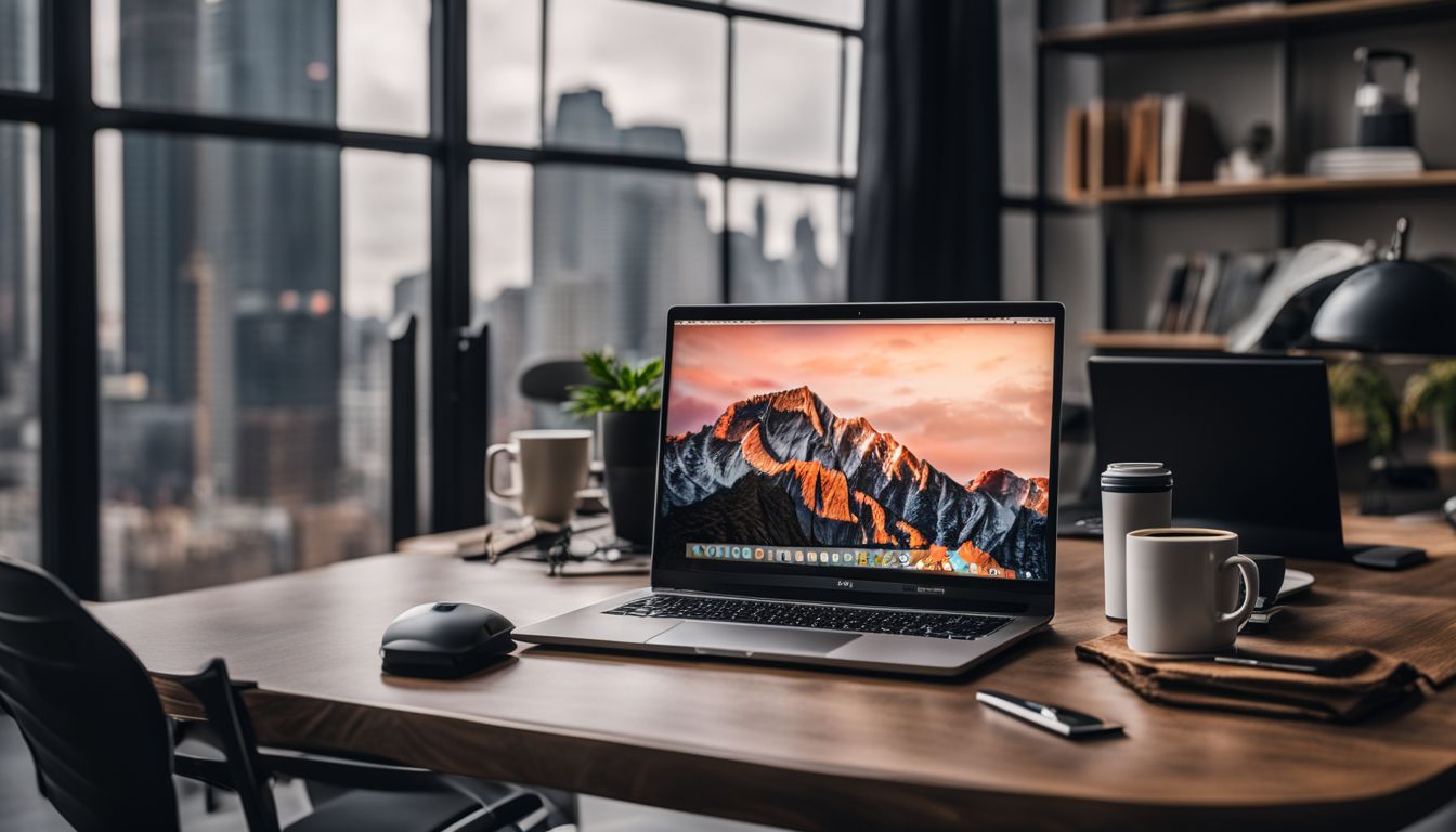 A modern office desk with a laptop and cityscape photography.