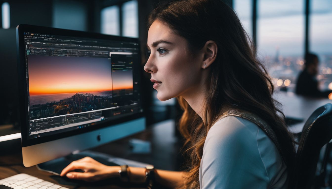 A person submitting a sitemap while surrounded by cityscape photography.