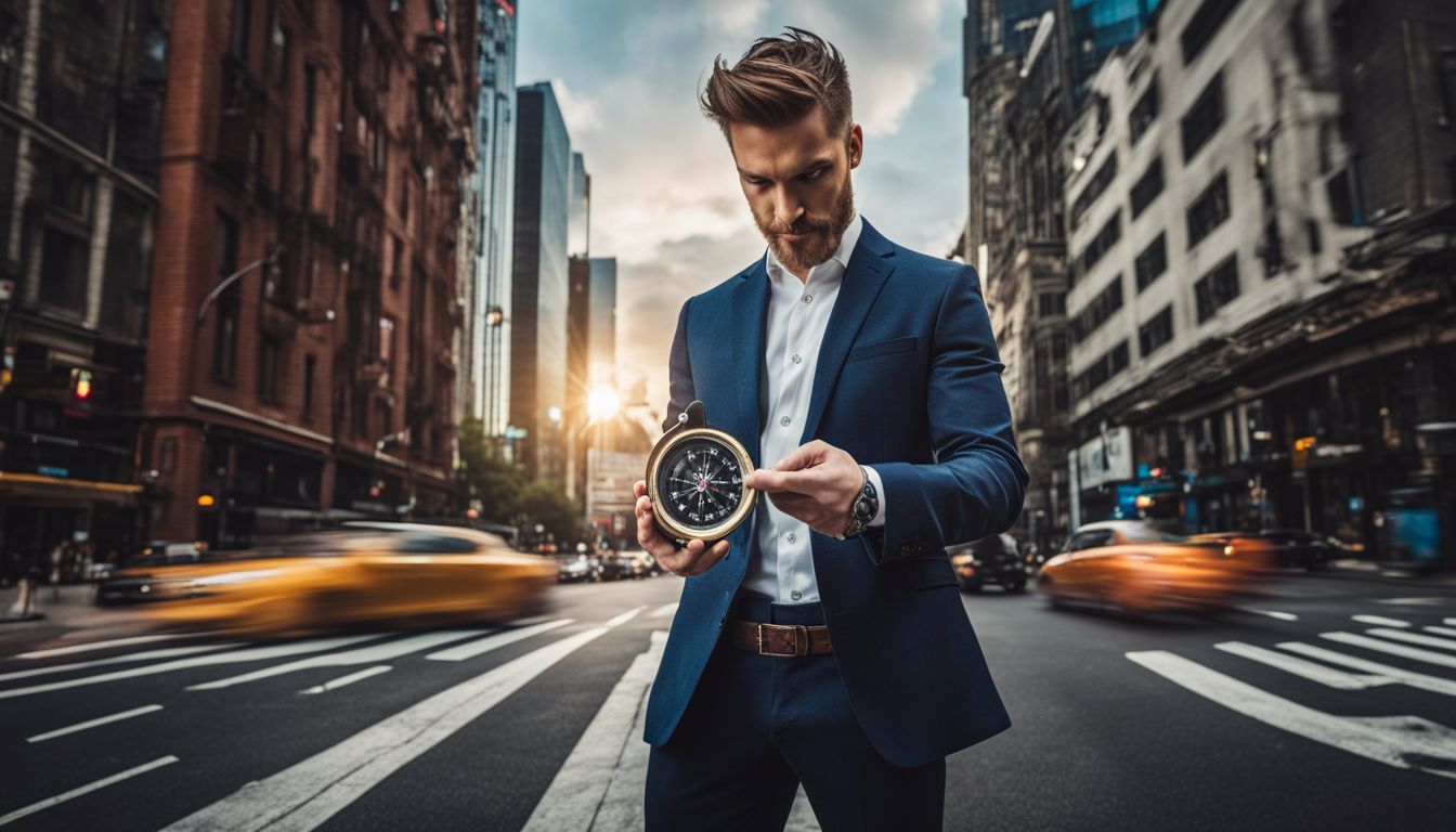 A businessman holding a compass at a city crossroads. A businessman holding a compass at a city crossroads.