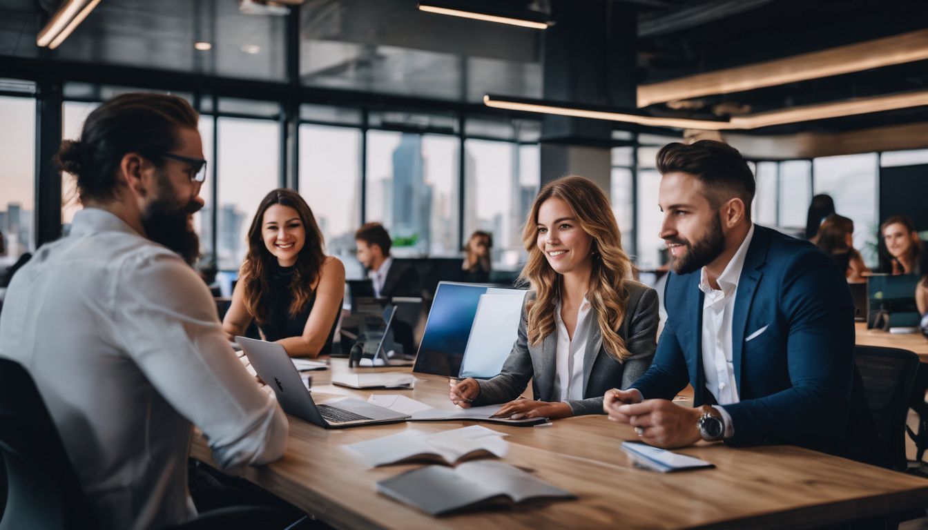 A diverse team brainstorming in a modern office space.