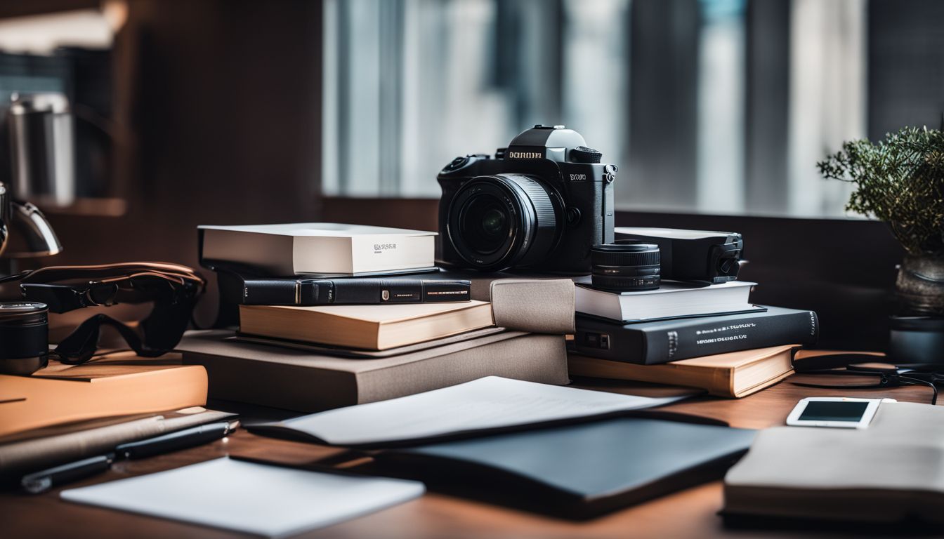 A stack of digital marketing books on a modern office desk. A stack of digital marketing books on a modern office desk.