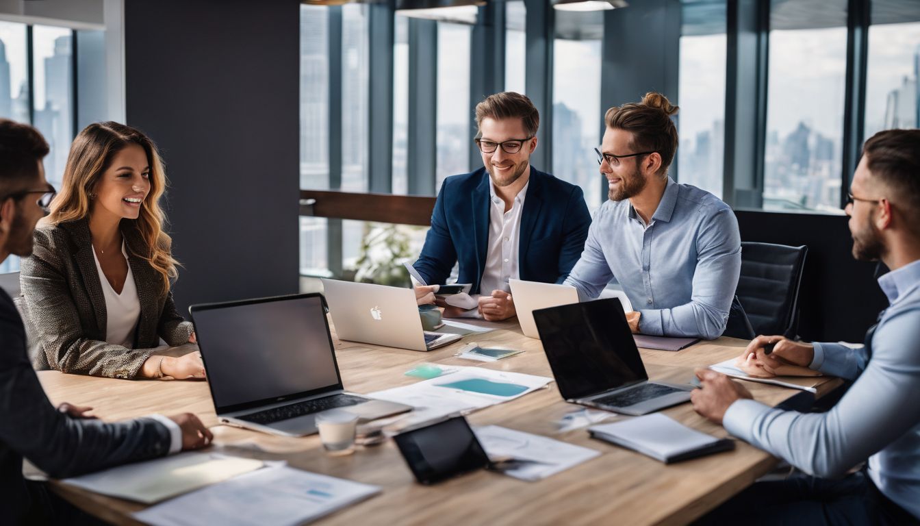A diverse group of business professionals brainstorming in a modern office. A diverse group of business professionals brainstorming in a modern office.