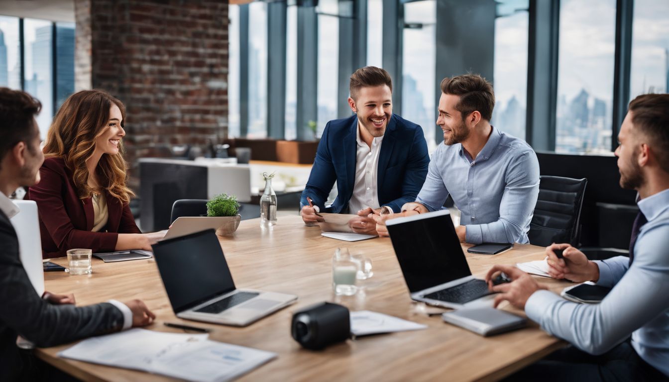A diverse group of professionals engaging in a lively discussion in a modern office setting. A diverse group of professionals engaging in a lively discussion in a modern office setting.