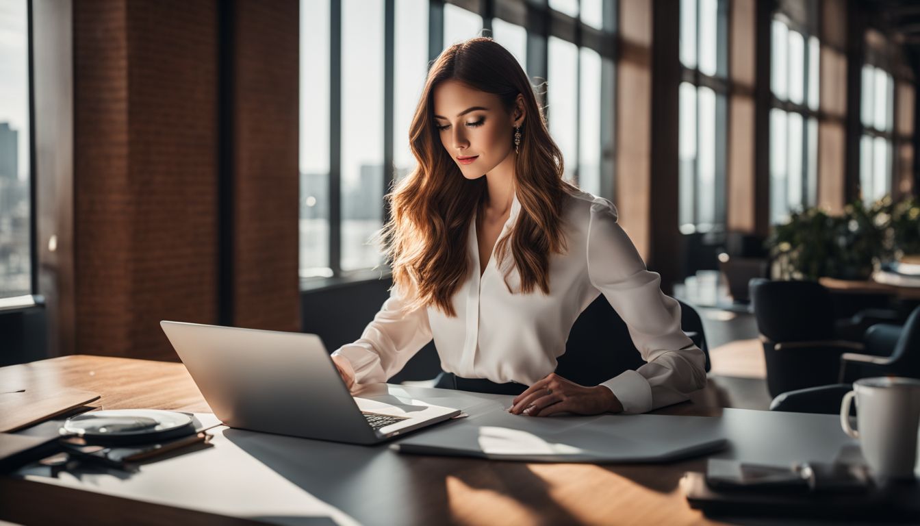 A professional woman working in a modern office with a laptop. A professional woman working in a modern office with a laptop.