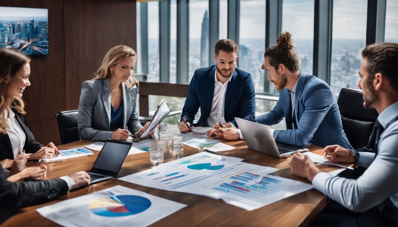 Professionals brainstorming in boardroom over charts and graphs. Professionals brainstorming in boardroom over charts and graphs.