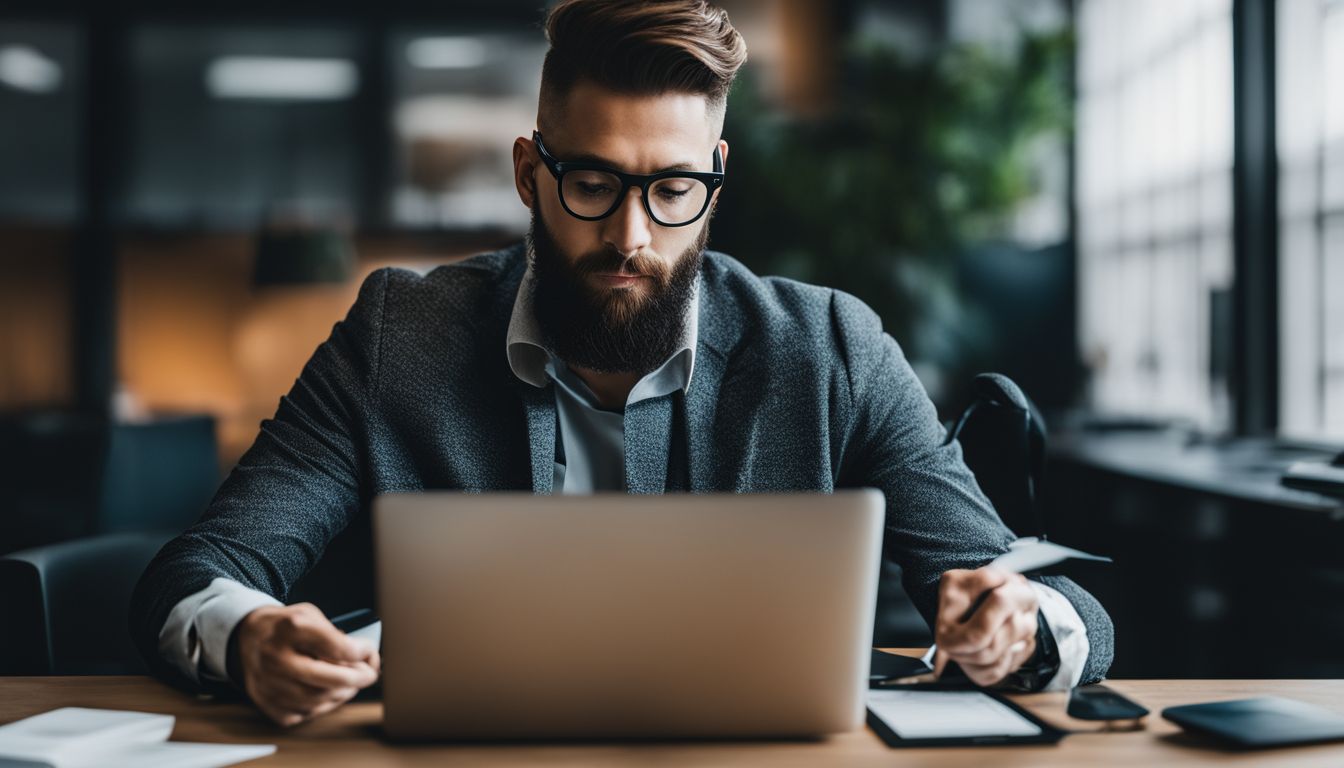 A website developer analyzing indexing issues on a laptop in a tech-filled office.