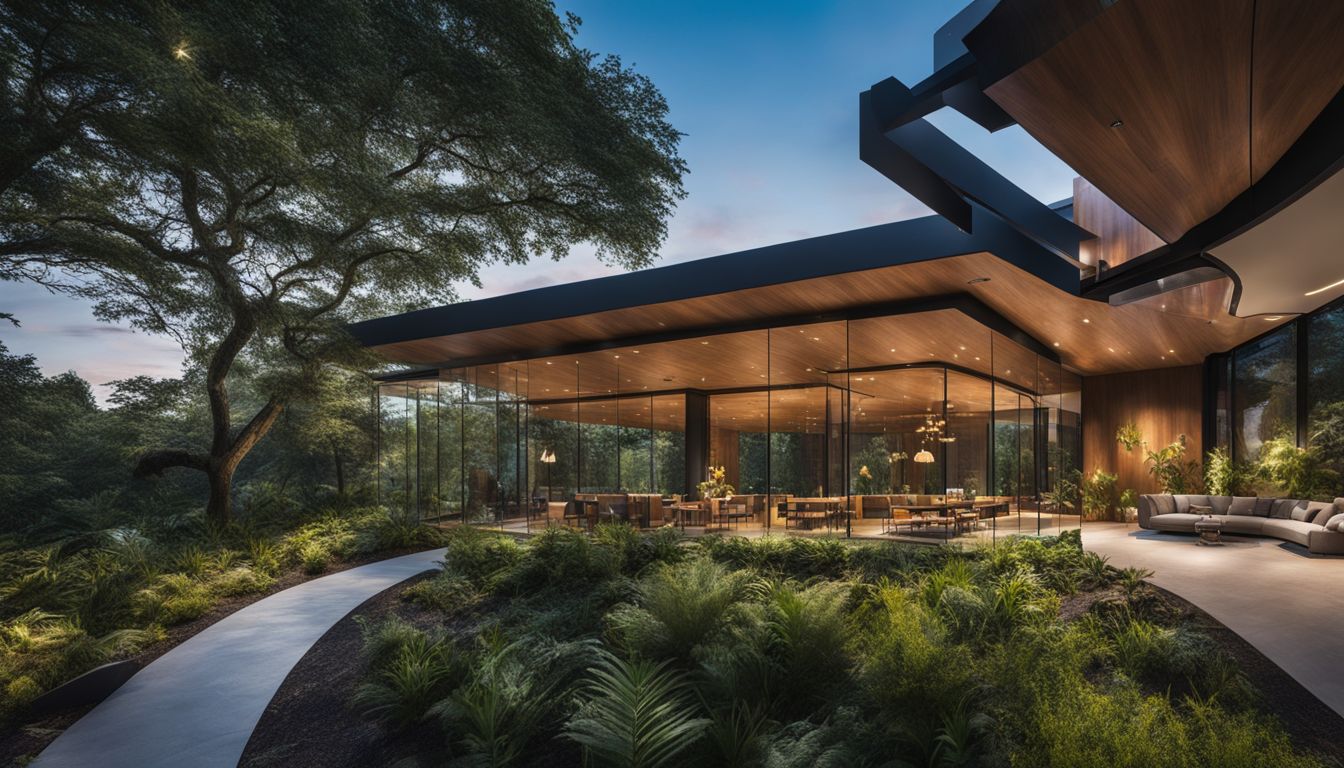 A modern architectural design surrounded by lush greenery and bustling atmosphere.
