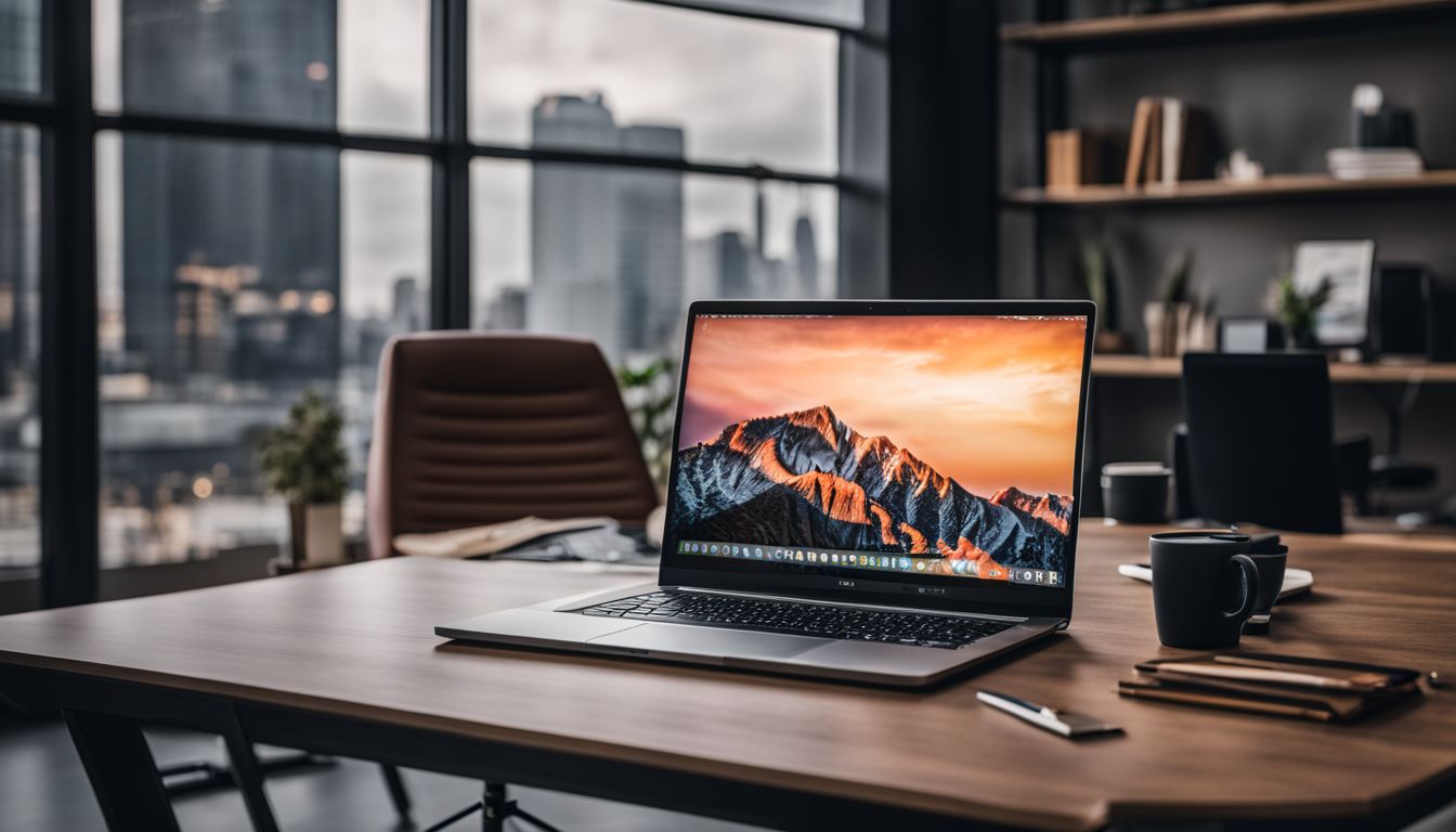 A laptop on a modern desk in a bustling office setting.