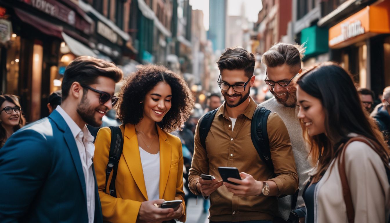 A diverse group of people using a mobile app in a vibrant urban setting.