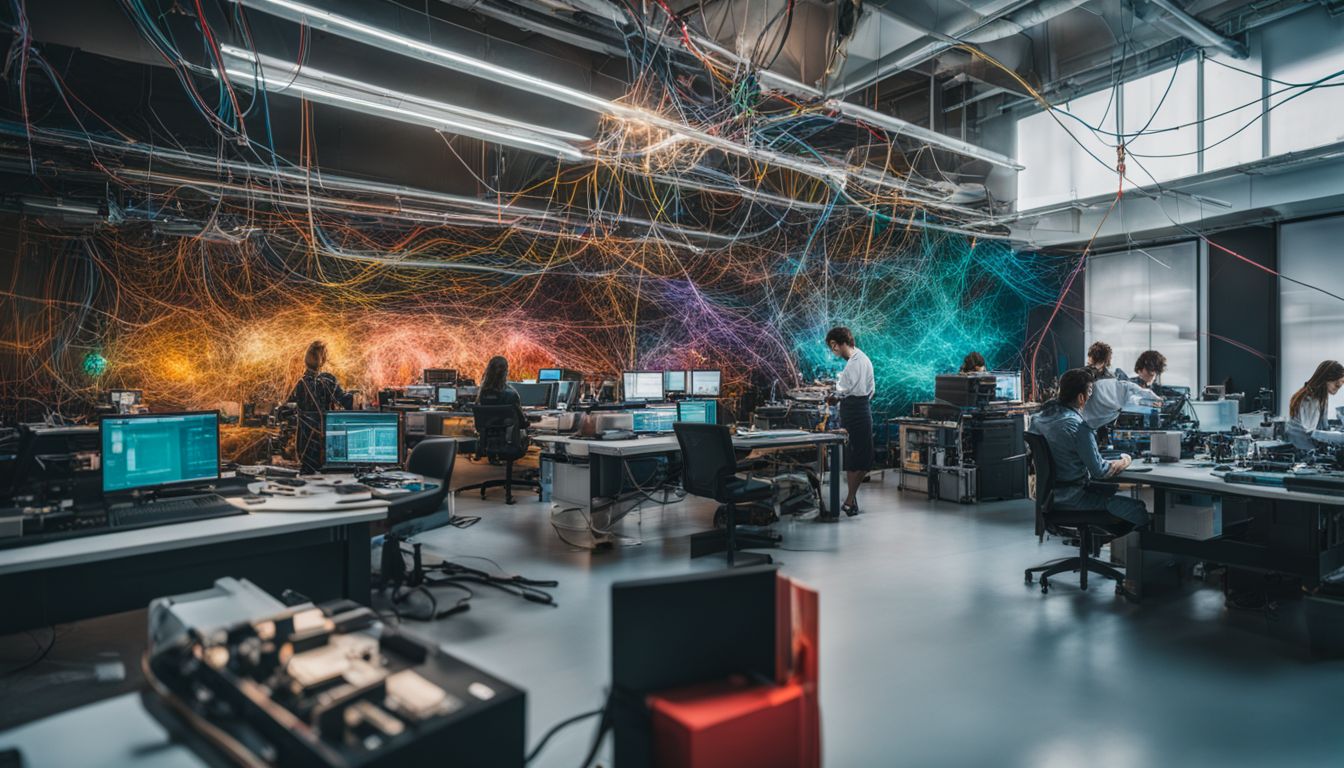 A complex tangle of colorful wires and circuits in a high-tech laboratory.