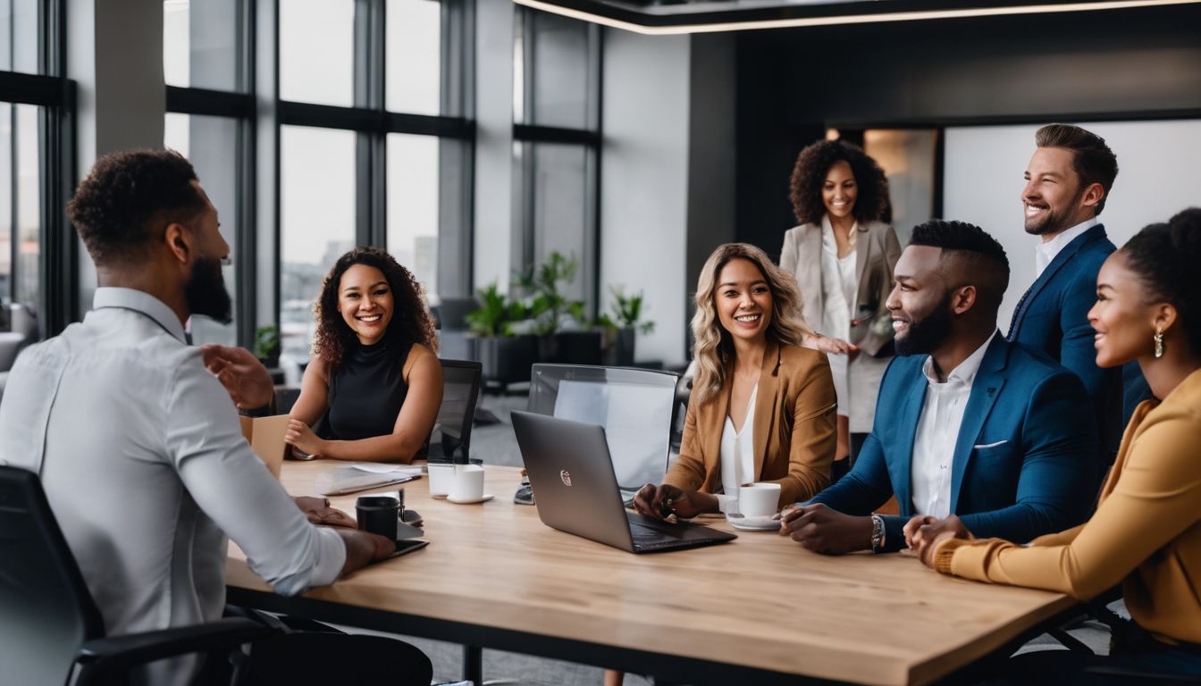 A diverse group having an open conversation in a modern office.