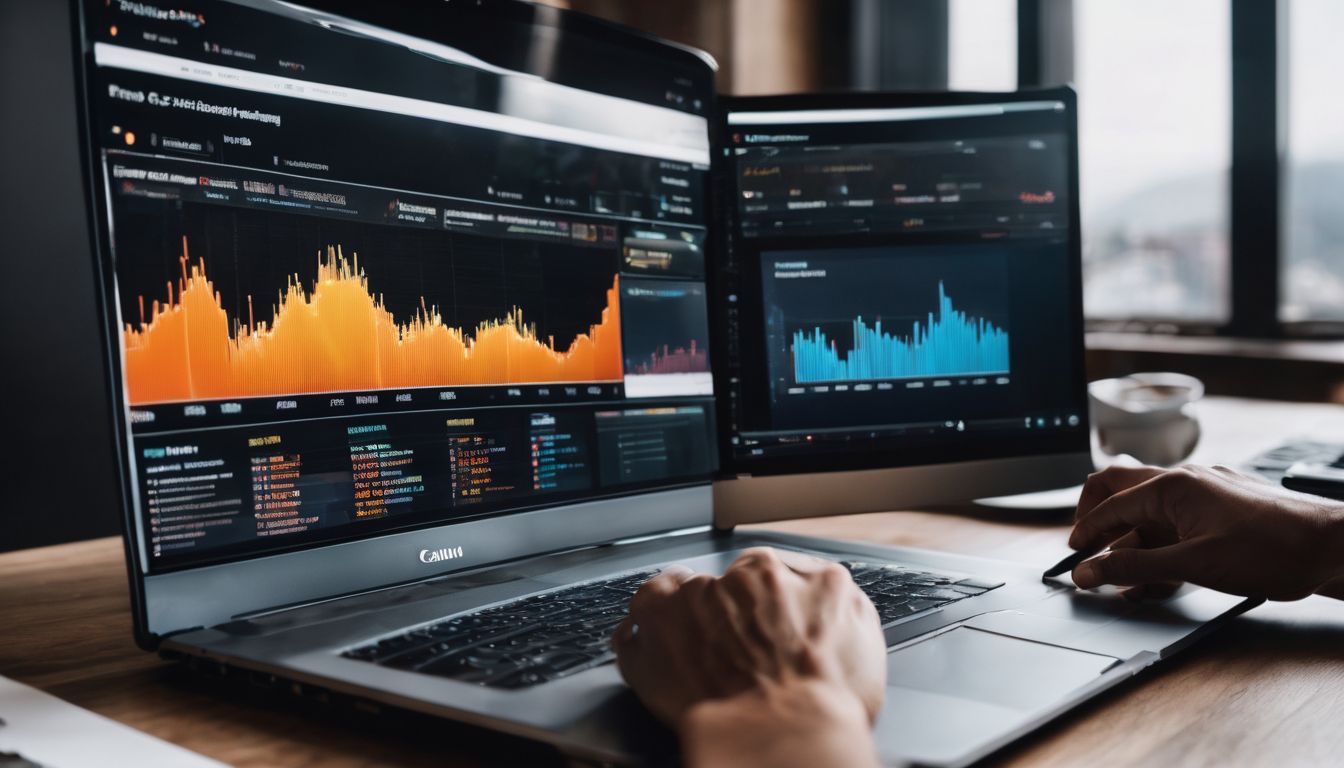 A person analyzing website performance data surrounded by visual representations of website metrics.