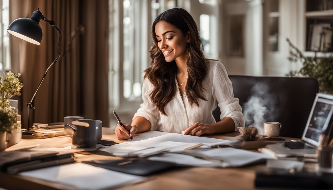 A person giving helpful tips and advice in a home office. A person giving helpful tips and advice in a home office.