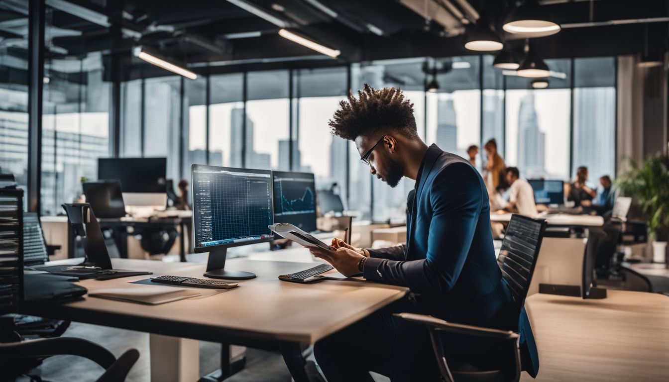A business owner analyzing local competitor data in a modern office.