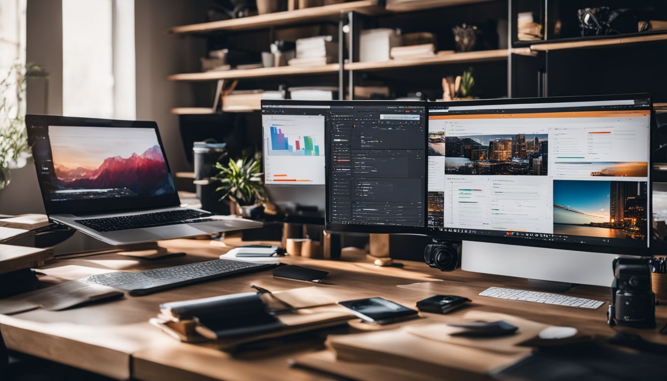 An organized desk with various content marketing analytics tools and photography equipment.