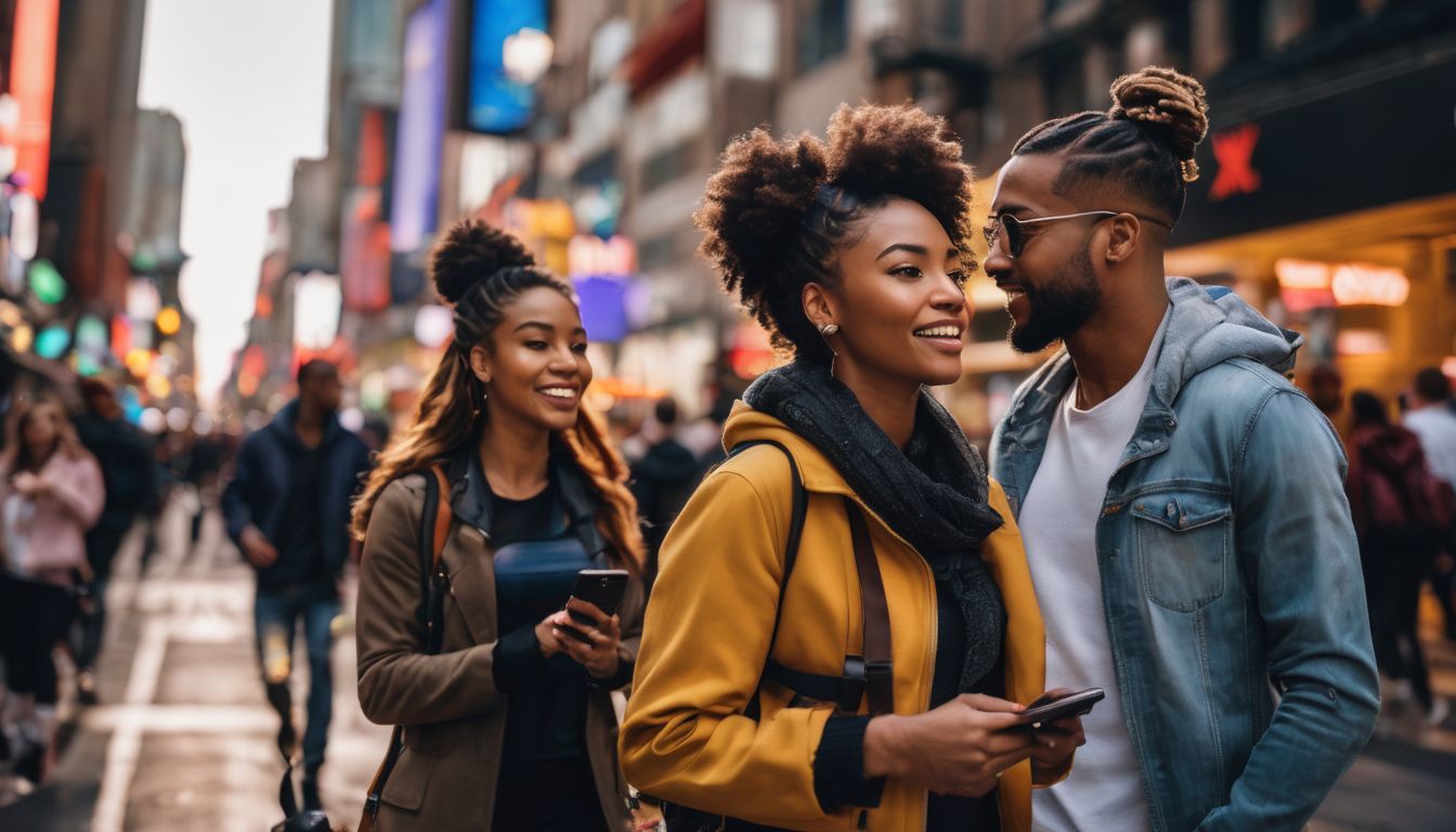 A diverse group of people engaging with branded content in a vibrant city setting.