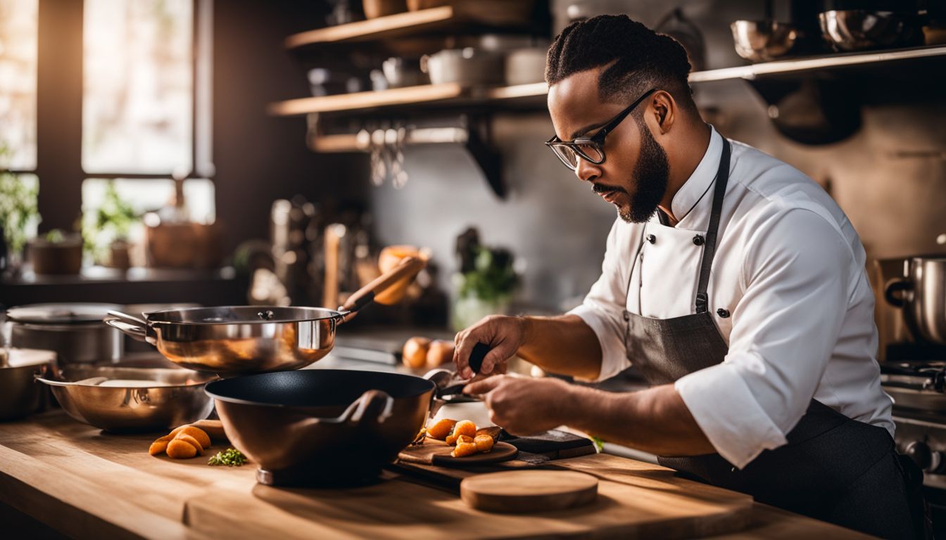 A chef cooking with a variety of kitchenware in a bustling kitchen.