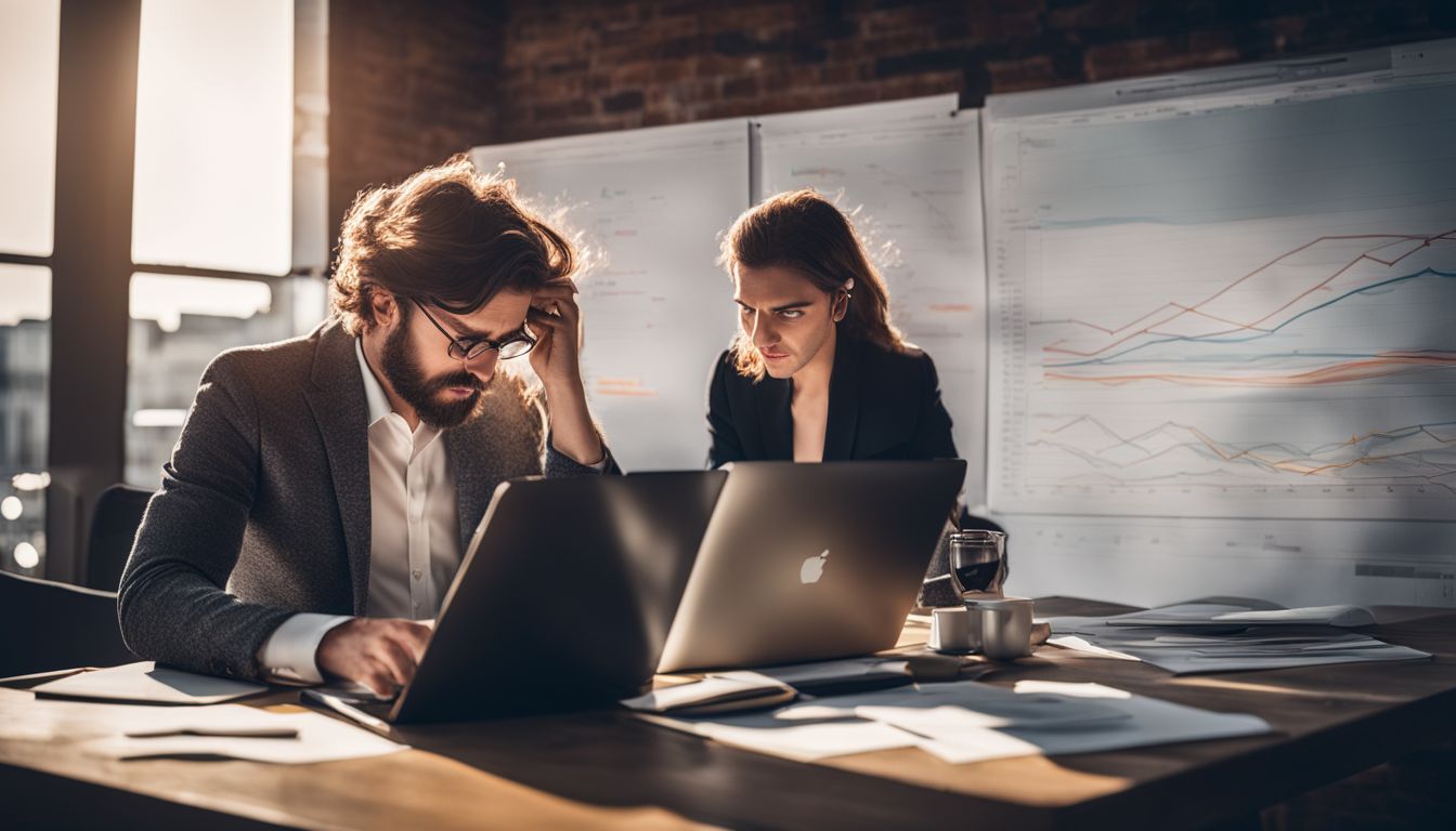 A frustrated marketer trying to make sense of confusing data charts.