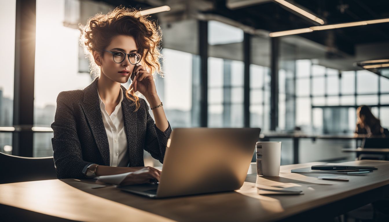A person working on laptop in a modern office.